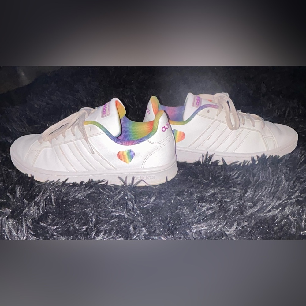 Adidas White Sneakers with Colorful Heart Accents